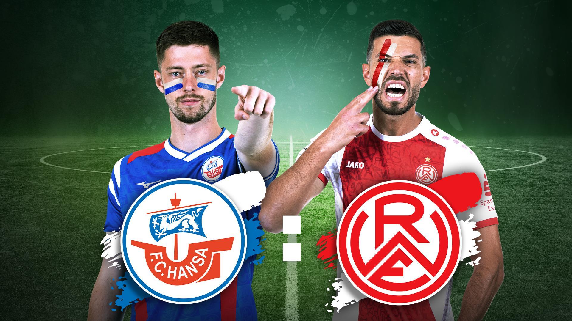 Werbegrafik mit Spielern von Hansa Rostock und Rot-Weiss Essen mit Vereinslogos.
